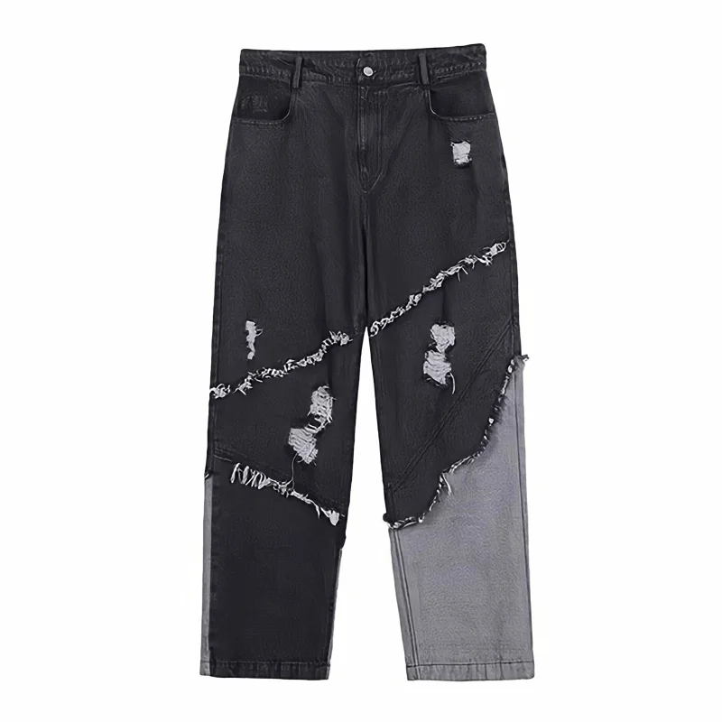 

Новые черные джинсы с бахромой, мешковатые прямые брюки-карго с широкими штанинами, Мужская Уличная одежда, винтажные потертые рваные джинсовые брюки в стиле Харадзюку