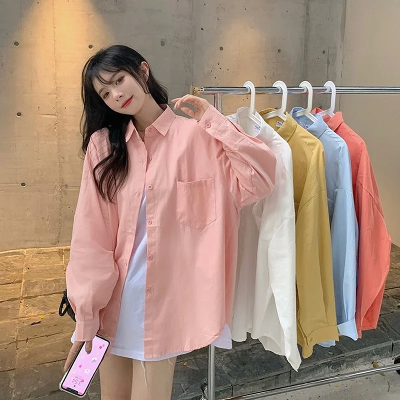 

QNPQYX Blouses Vrouwen Koreaanse Stijl Oversized Zoete Zachte Shirt Lange Mouw Top Streetwear Roze Wit Lente Nieuwe Meisjes Mode