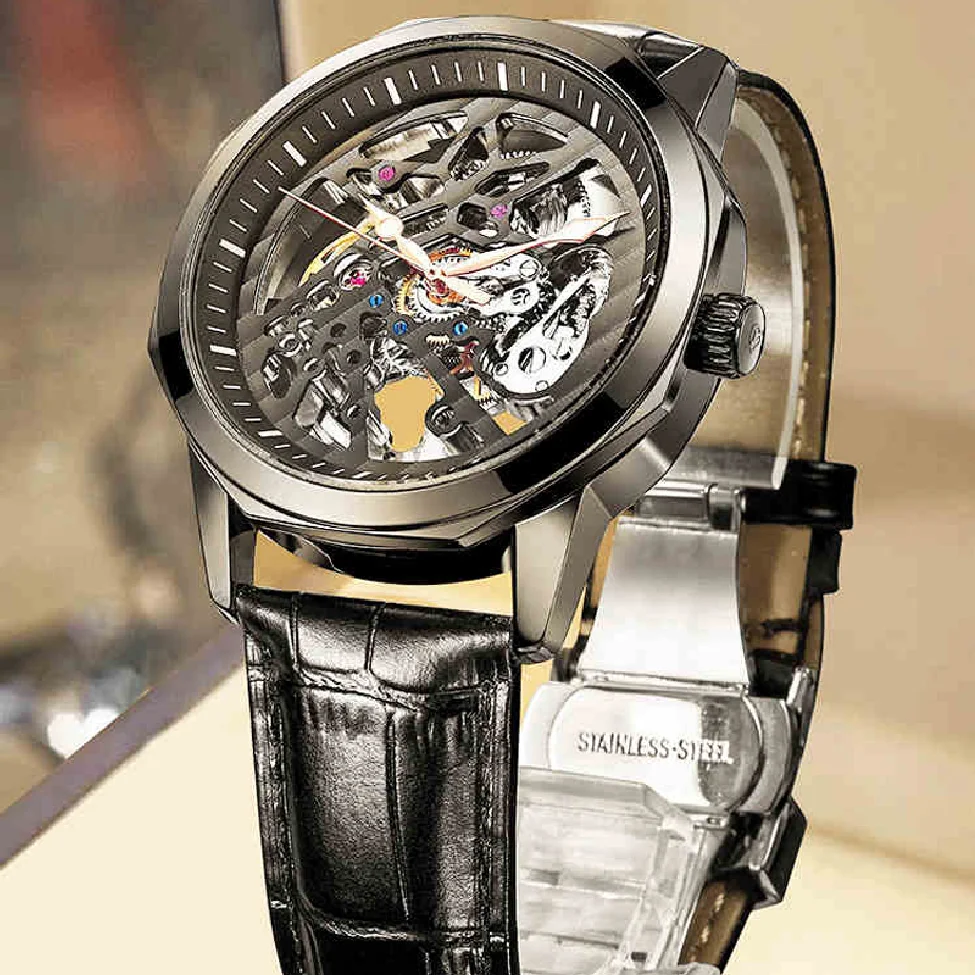 

AILANG 2023 Fashion Business Waterproof Luminous Black Leather Strap Men's Watches Steampunk Automatic Mechanical Watch 8653