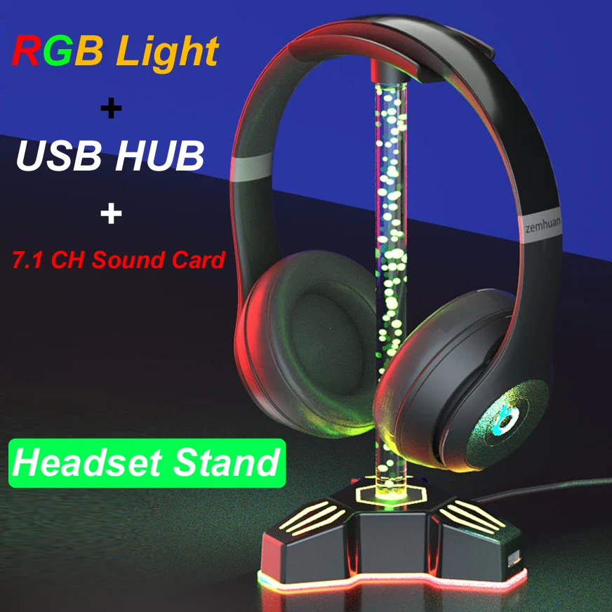 

RGB LED Light Bluetooth Earphone Headphone Headset Stand Holder Rack Mount Hanger+2 Ports USB 2.0 Hub+7.1ch 3.5MM AUX udio Card