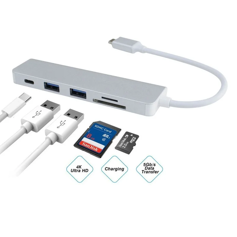 Type-C HUB Hub 2-port USB3.0 + SD/TF Card Reader + Charging Multifunctional Five-in-one Converter