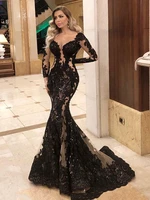 black mermaid formal prom dress 2023 sexy v neck long sleeves lace evening party gown celebrity robe soiree vestido de festa
