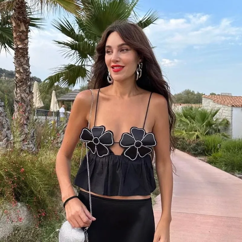 

Y2K Black Flower Cropped Tops Women 2023 Elegant Summer Top Female Thin Straps Tank Top Sexy Backless Corset Girls Gifts
