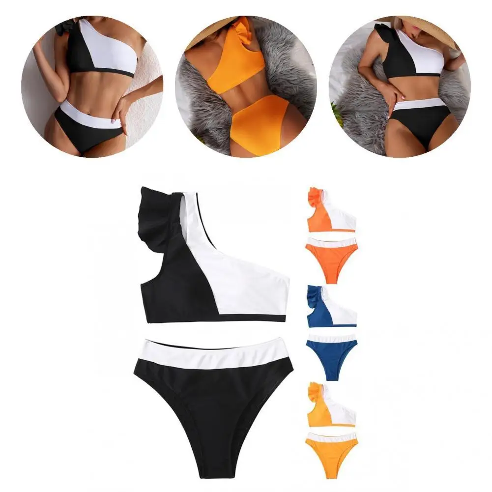 

2 шт./компл. модный привлекательный летний комплект бикини с воланом, эластичный женский купальник с косым узором для путешествий