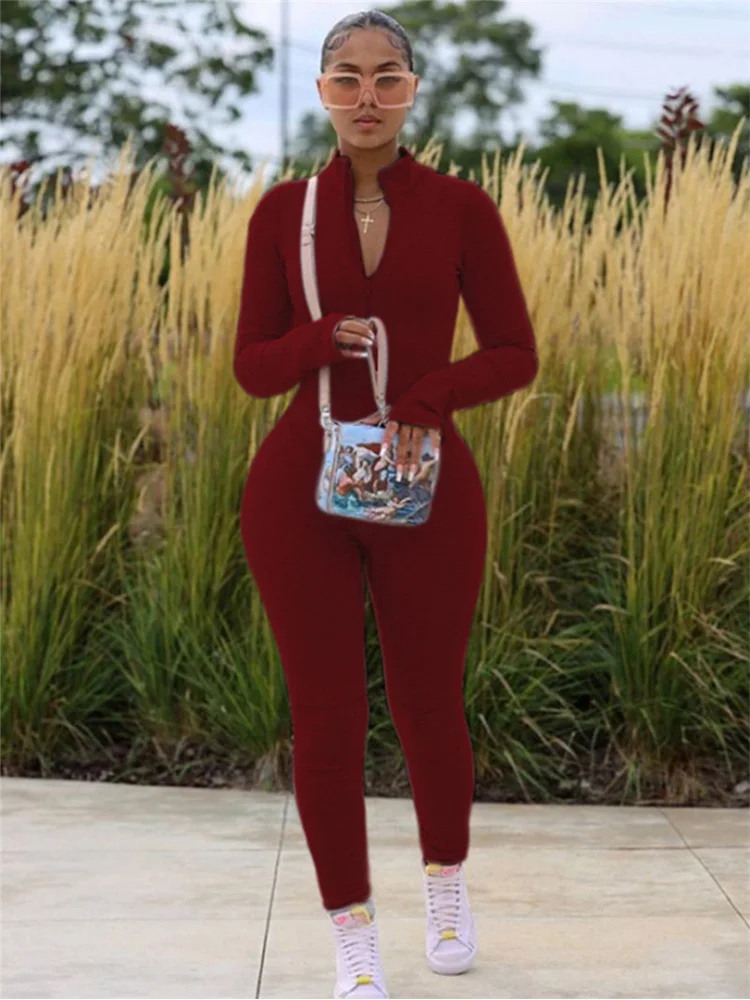 Solid Front Zip Bodycon Jumpsuit Women Clothing Casual Long Sleeve Rompers Sporty Fitness Workout Overalls Enterizos Para Mujer