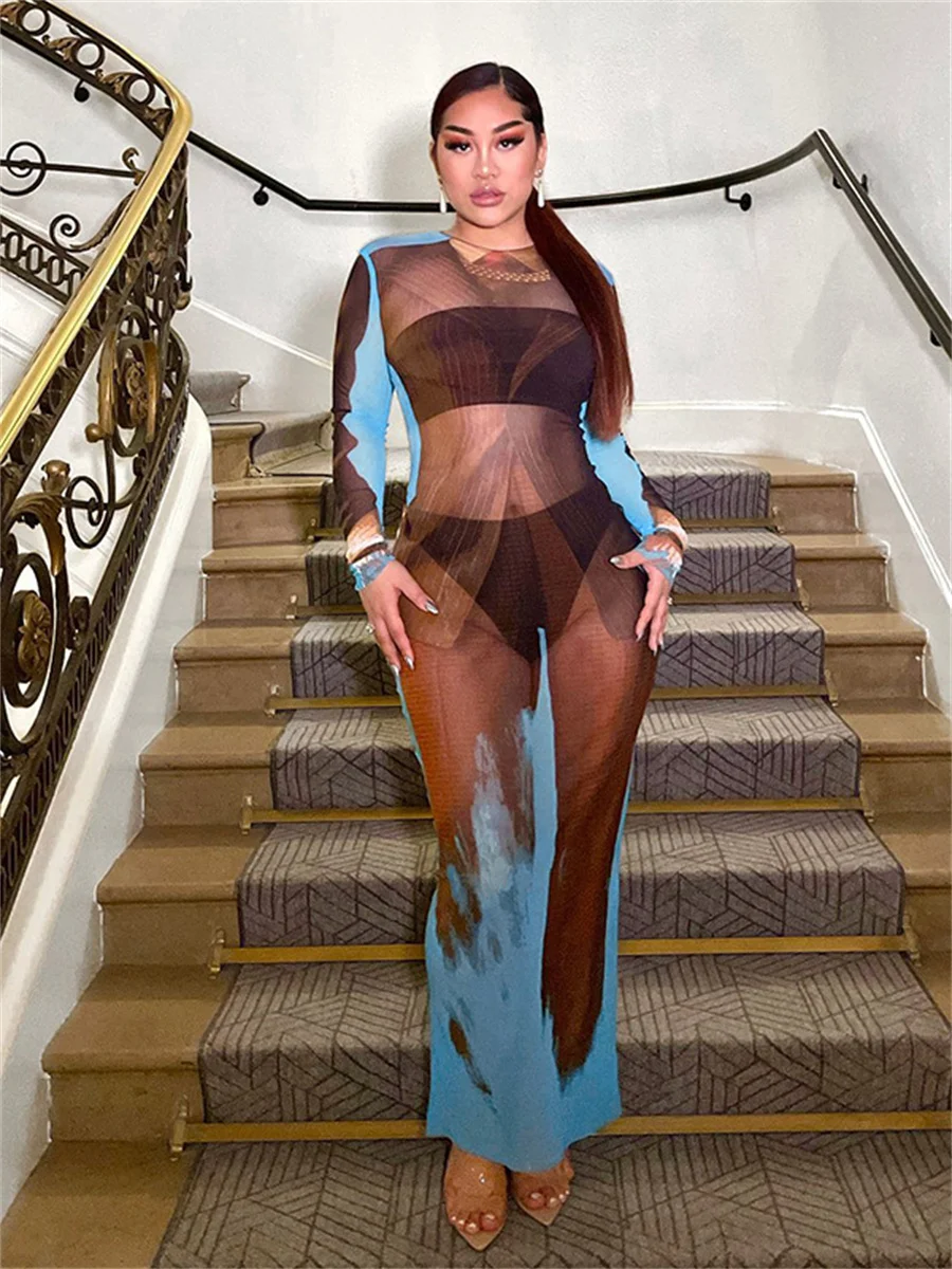 

Wsevypo длинное платье с принтом с открытой спиной и завязкой, женское платье миди с длинным рукавом и круглым вырезом, прозрачное вечернее пла...