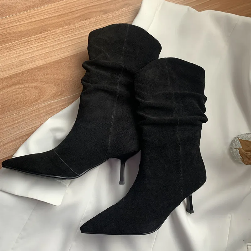 

Женские ботинки до середины икры, вечерние тонком каблуке