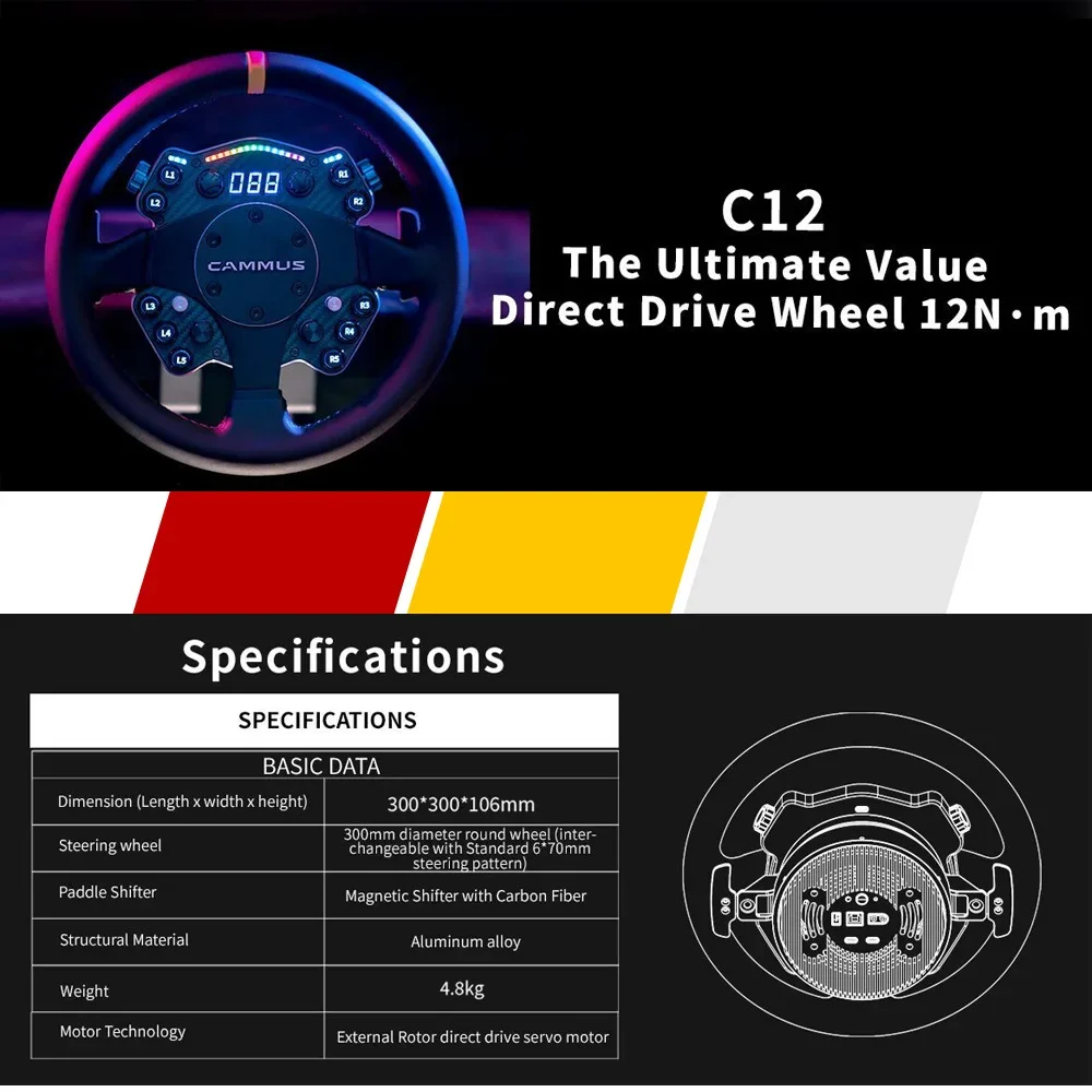Рулевое колесо CAMMUS C12 с прямым приводом 12N·m+CAMMUS CS5 Настольный зажим Колесная база