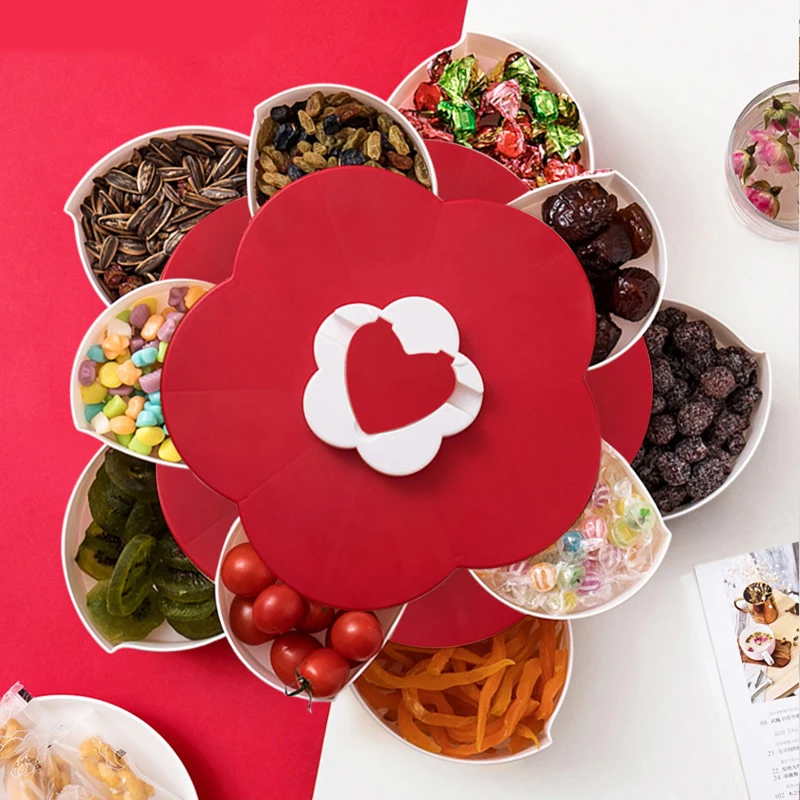 

2-layer Rotating Petal Candy Box Plastic Snack Tray Case Nut Storage Box Rotation Dried Fruit Plate Wedding Gift Home Organizer