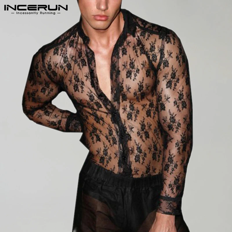 

Модная мужская рубашка INCERUN, сетчатые Прозрачные рубашки на пуговицах с длинным рукавом и отворотом, сексуальная уличная одежда, рубашки дл...