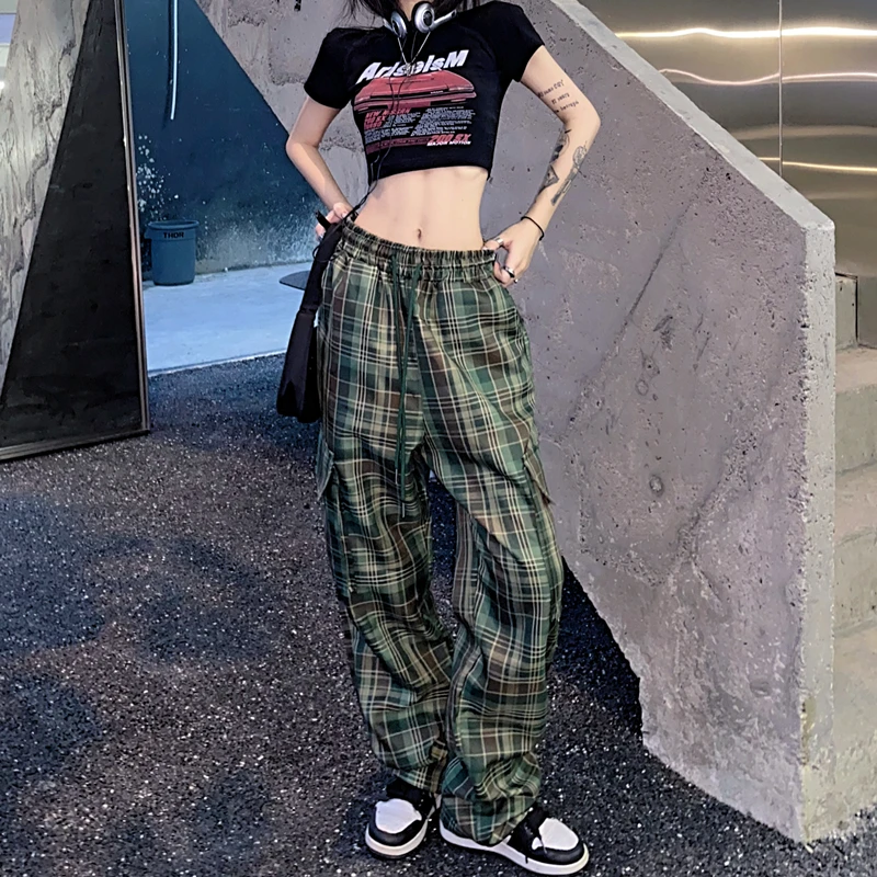 Брюки женские клетчатые в стиле оверсайз повседневные свободные штаны с