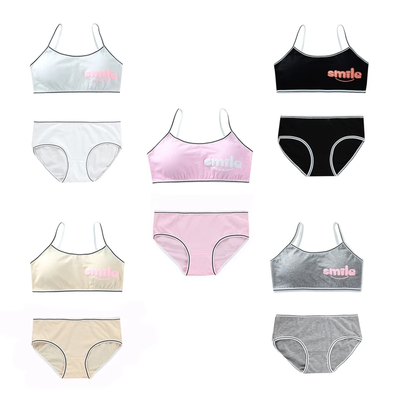 

Y3NF Teens Young Girls 2Pcs Sports Underwear Set Smile Letters Print Cami Training Bra and Matching Striped Hipster Panties