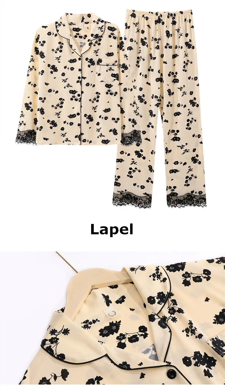 Yasuk Spring Autuum Fashion Women's Casual Print Lace Sleepwear Homewear Lovely Sexy Pajamas With Pants Soft Flower