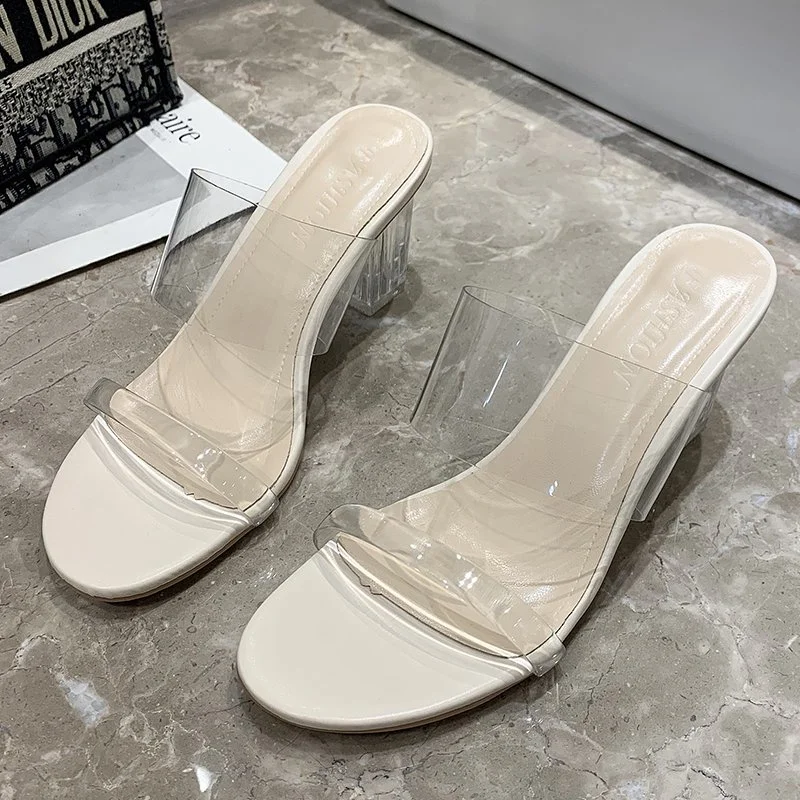 

Women's Heel Shoes 2023 Summer New Consice Transparent Plastic Chunky Heel Women's Slippers Dress Pumps Ladies Casual Mules