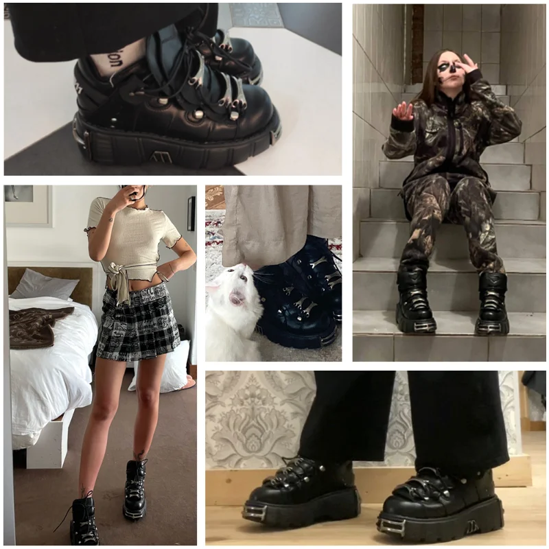 Punk Style Women Shoes Lace-up heel height 6CM Platform Shoes Woman Gothic Ankle Boots Metal Decor Woman Sneakers