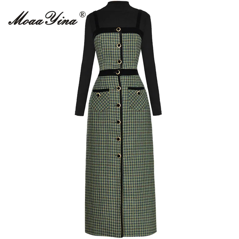 

MoaaYina, Осенний модный дизайнерский винтажный комплект с клетчатой юбкой, женский эластичный вязаный свитер + слинг + юбка с высокой талией, тонкий комплект из 3 предметов