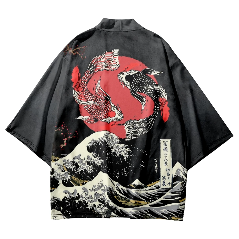 

Kimono Street wear men's and women's cardigan print top robe clothing plus size 4XL Sun Moon print Beach Japanese style
