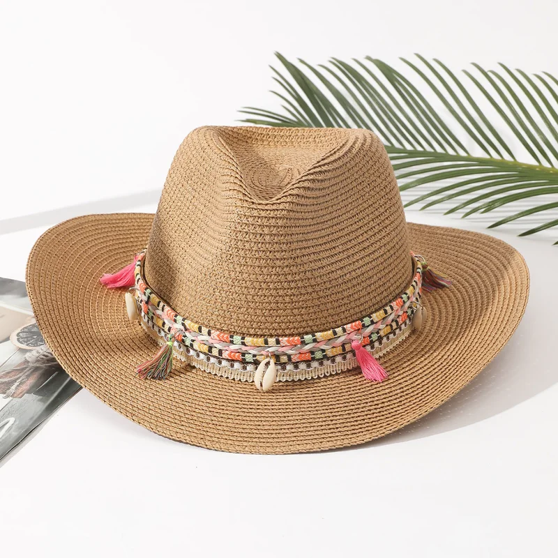 

Women Summer Bohemian Straw Tassel Cowboy Sun Hat Floppy Beach Caps Summer Straw Hats Ladies UV Protection Hat Panama Sun Hat