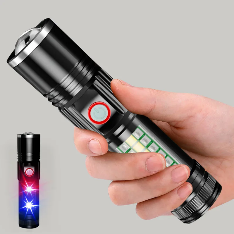 New pattern LED Flashlight Aluminum alloy USB Rechargeable Red and blue alarm flash flashlight Strong flashlight for home Tactic