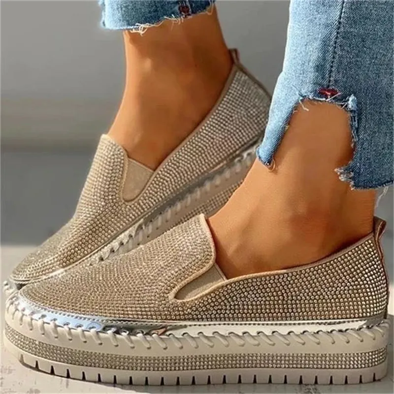 Women Autumn Sequined Round Toe Flats Sneakers Luxury Glitter Crystal Slip On Loafers Platformvulcanized Shoes Sewing Lazy Shoes