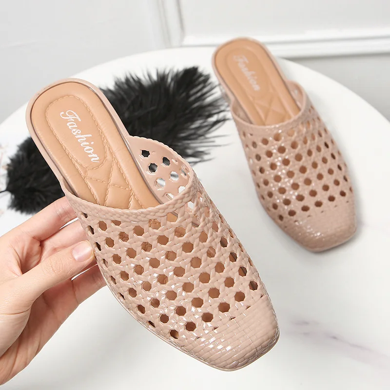 

New Women's Sandals Summer Holow Hole Slippers Fashion Solid Color Low Heel Slides Casual Breathable Shoes Female