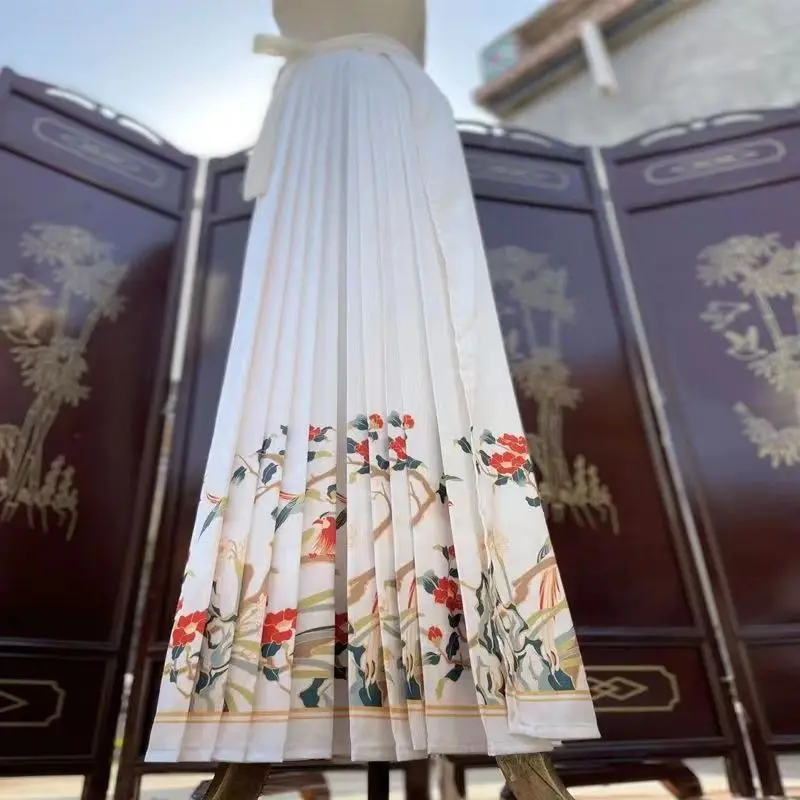 

Summer Ancient Chinese Clothing Flowers and Birds Flying Printing Daily One-Piece Perforated Chinese Style Horse-Face Skirt