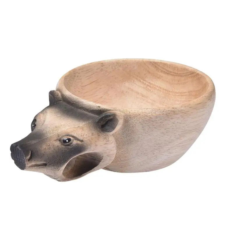 

Natural Rubber Wood Hand Carving Water Cup Creative Animal Head Carved Cup Handmade Artwork Mug For Outdoor Camping Home Use