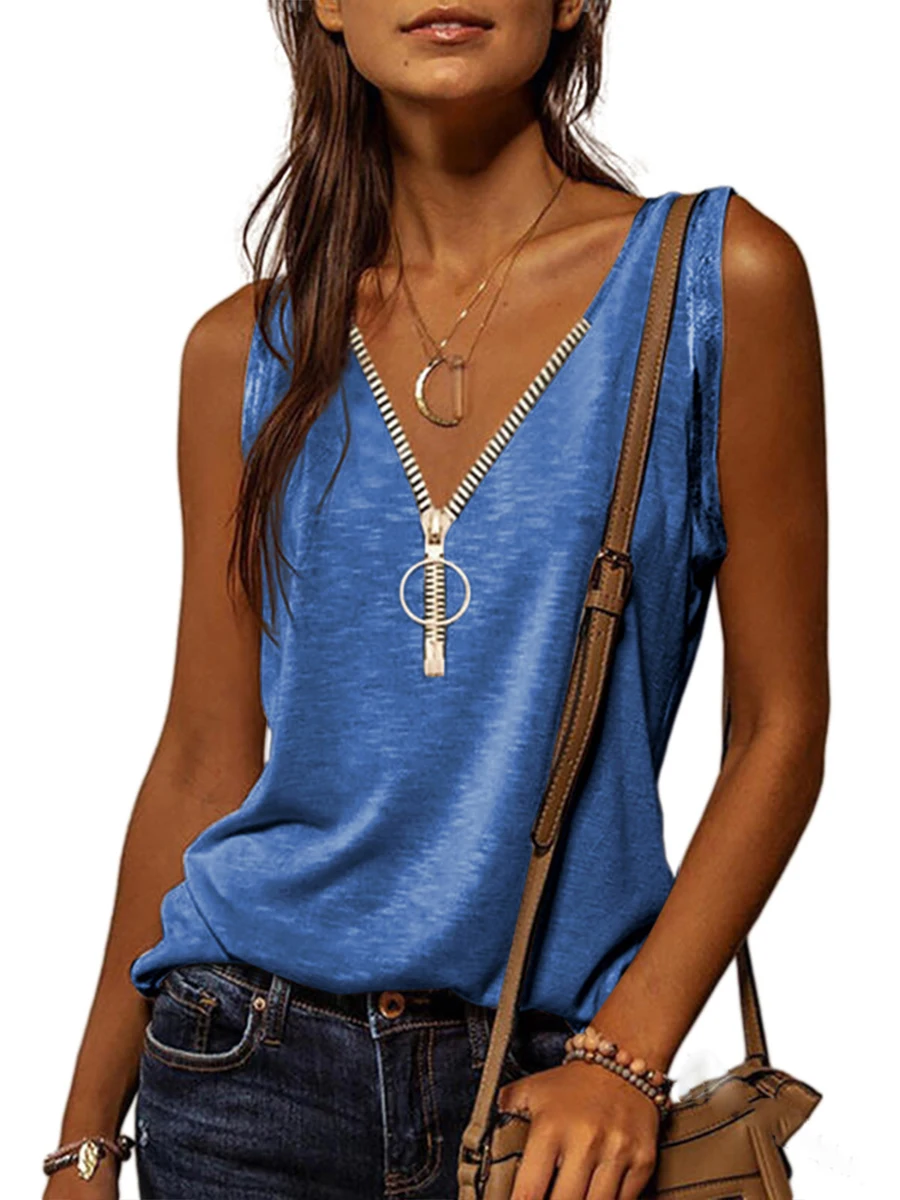 

Women's Summer Tank Top Loose Solid Colour Zipper Top V-neck Sexy Streetwear Vest Sleeveless Camisole Vest Fashion Blouse