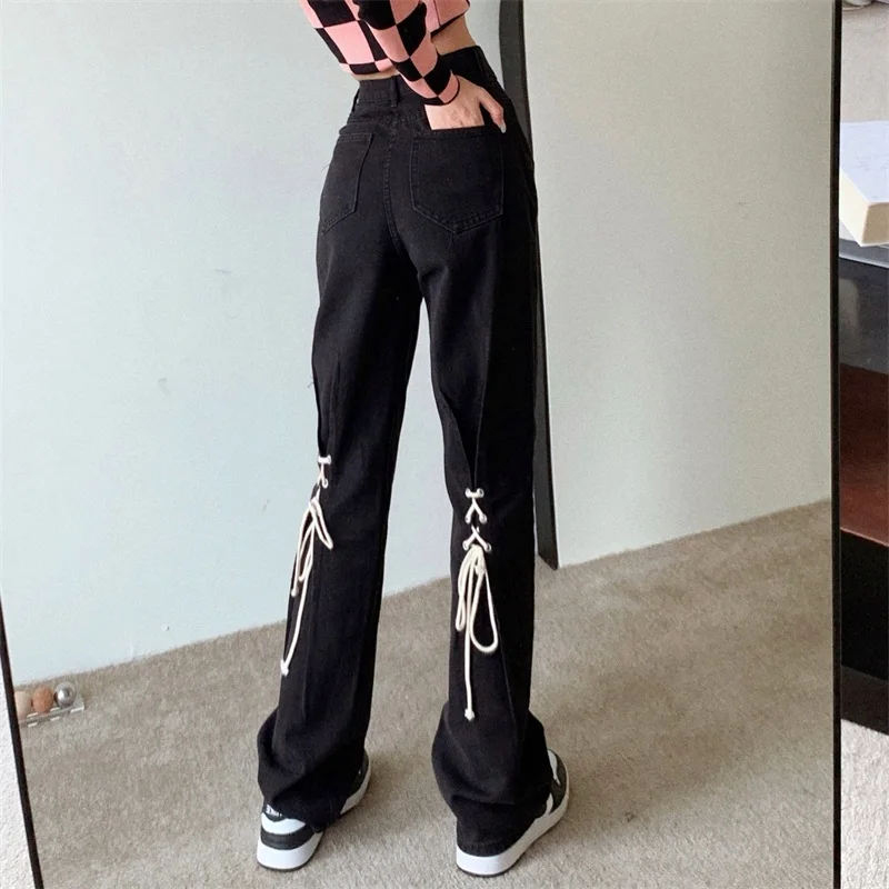 Women's Jeans New Autumn High Waist Straight Loose Slimming High-Rise Lace-up Large Size Wide-Leg Pants plus Size Women Pants