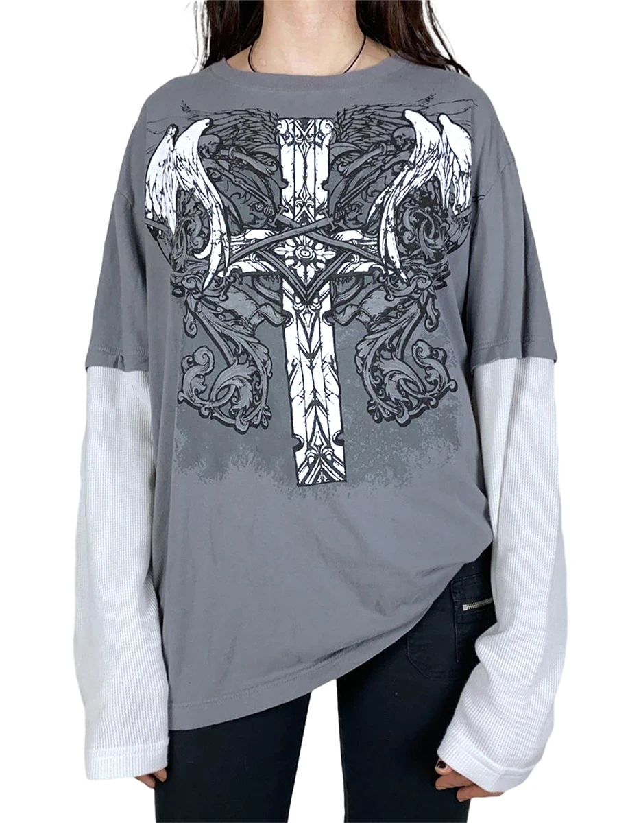 

Women Y2K Long Sleeve Crop Top Harajuku Retro Pullover Gothic Graphic Printed T-Shirt Streetwear Chic Punk Blouse Top