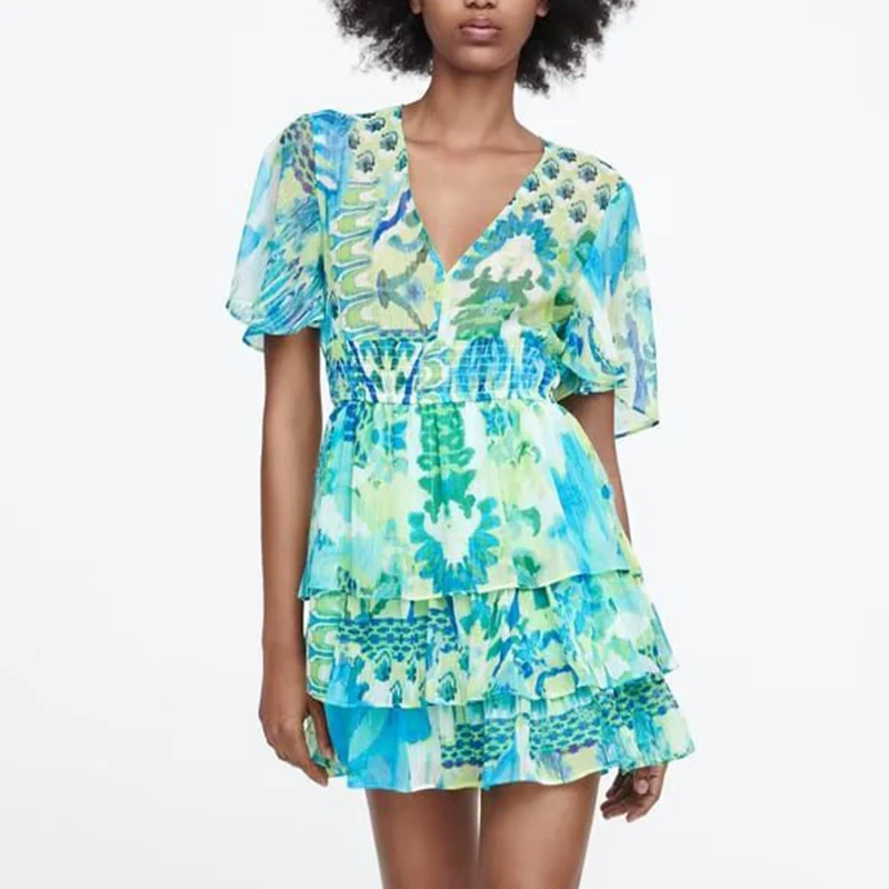 

2022 Summer Women Fashion Tiered Ruffle Printed Dress Versatile Short Sleeve V Neck Waist Female Short Dress XX8697