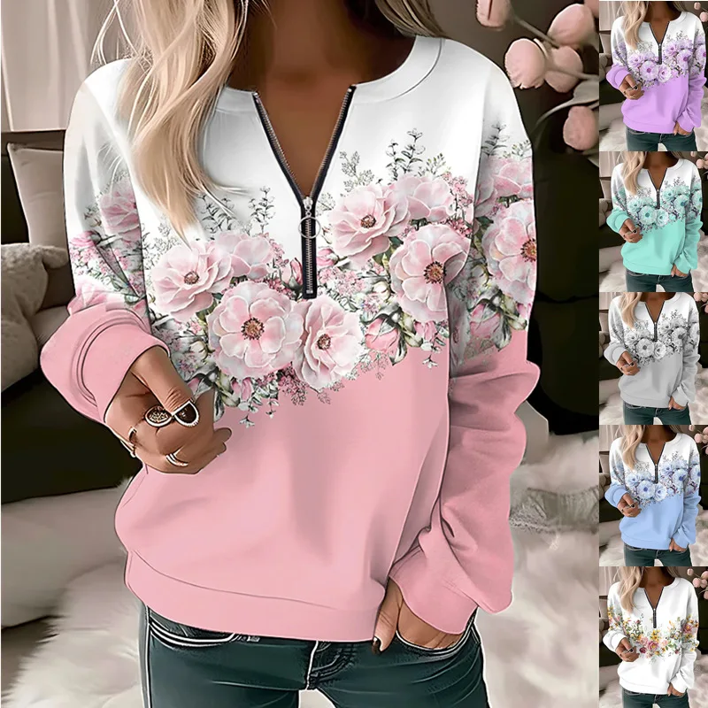 

2023 New Printing V-neck Hoodies Women Long-sleeved Pullover Loose Sweatshirt