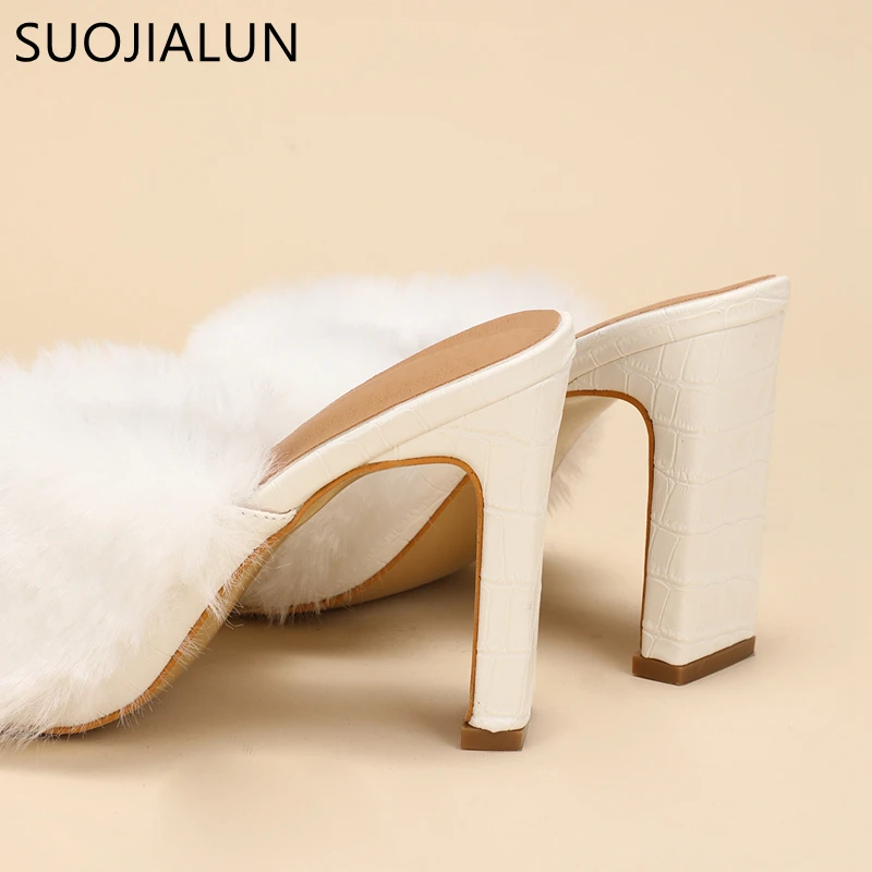 SUOJIALUN Autumn New Brand Design Wmen Slipper Fashion Real Fur Ladies Elegant Sandals Square High Heel Dress Pumps Shoes