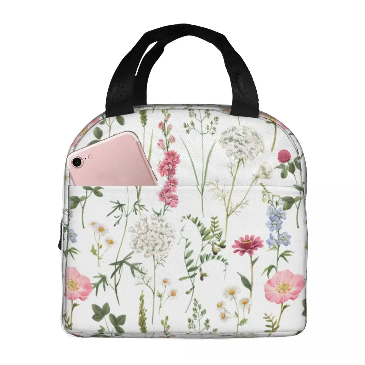 Watercolor Floral Delphinium Chamomile Poppy Lunch Bag Portable Insulated Cooler Bags Thermal School Lunch Box for Women Kids