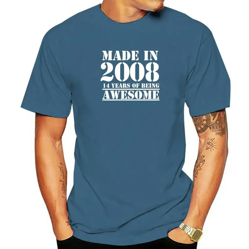 

Funny Made In 2008 14 Years of Being Awesome Birthday Print Joke T-shirt Husband Casual Short Sleeve Cotton T Shirts Men
