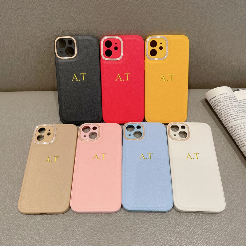 

13 14 Pro MAX Case Personalise initial Letters Custom Name Luxury Texture Leather Soft Cover For iPhone 11 12 13 14 Pro Max 11