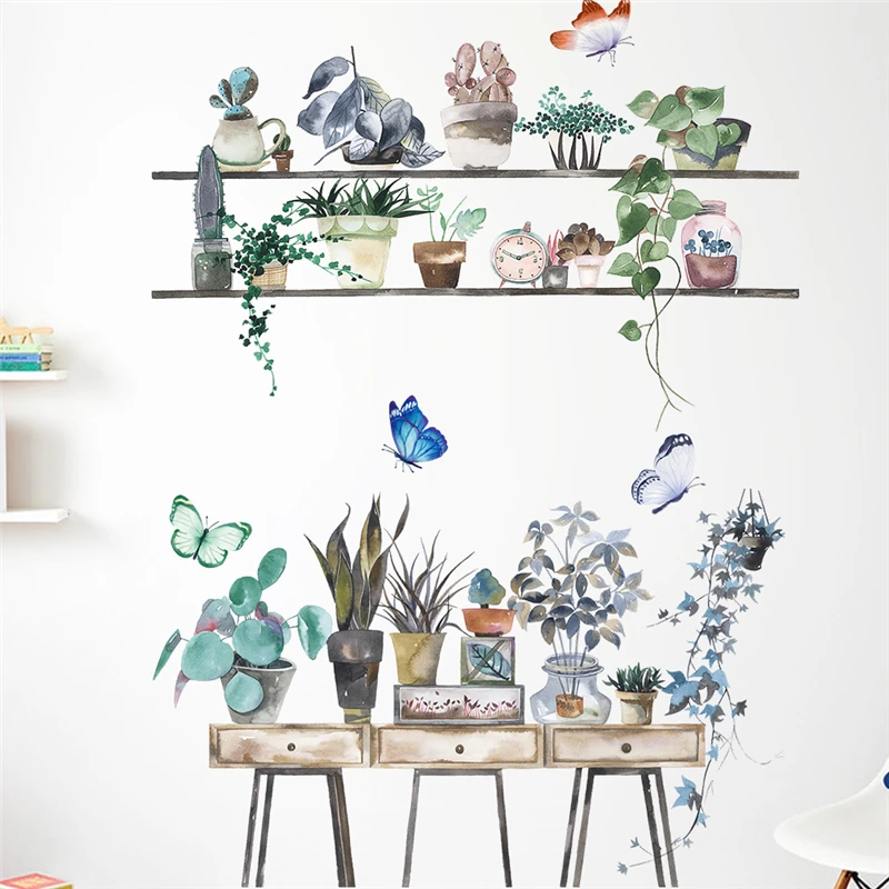 

Яркие зеленые растения горшок Бабочка Наклейка на стену для украшения дома Diy природный пейзаж роспись искусство ПВХ наклейки