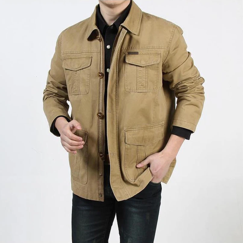 

Spring Autumn Jacket Men Mid-Long Cotton Multi-pockets Military Jackets Coats Turn Down Collar Casual Fashion Jaqueta Masculina