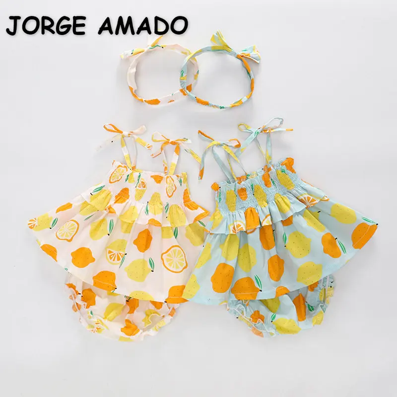 

New Summer Baby Girl Sets Sleeveless Fruit Print Blue Lemon Vest+PP Shorts+Headwear Newborn Clothing E9003