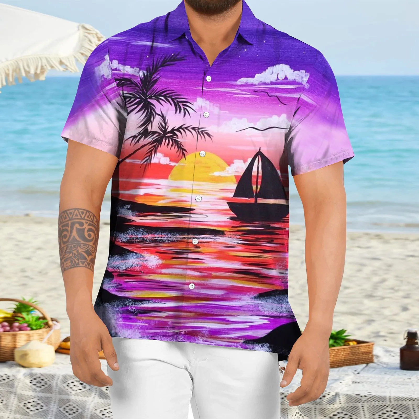 

Summer Hawaiian Shirts Men 2022 Tropical Print Tee Casual Turn Down Collar Short Sleeve Button Beach Shirts Tops Chemise Homme