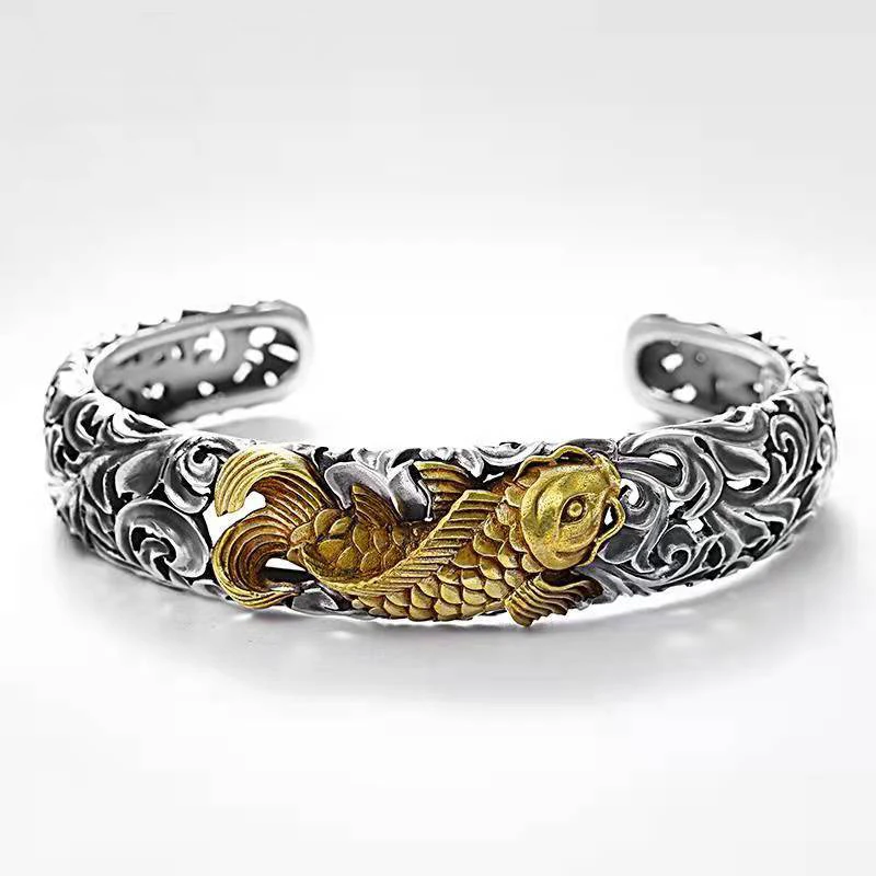 

Original Design Wrong Color Koi Tang Grass Pattern Silver Bracelet Retro Distressed S925 Sterling Silver Men Open Bracelet Trend