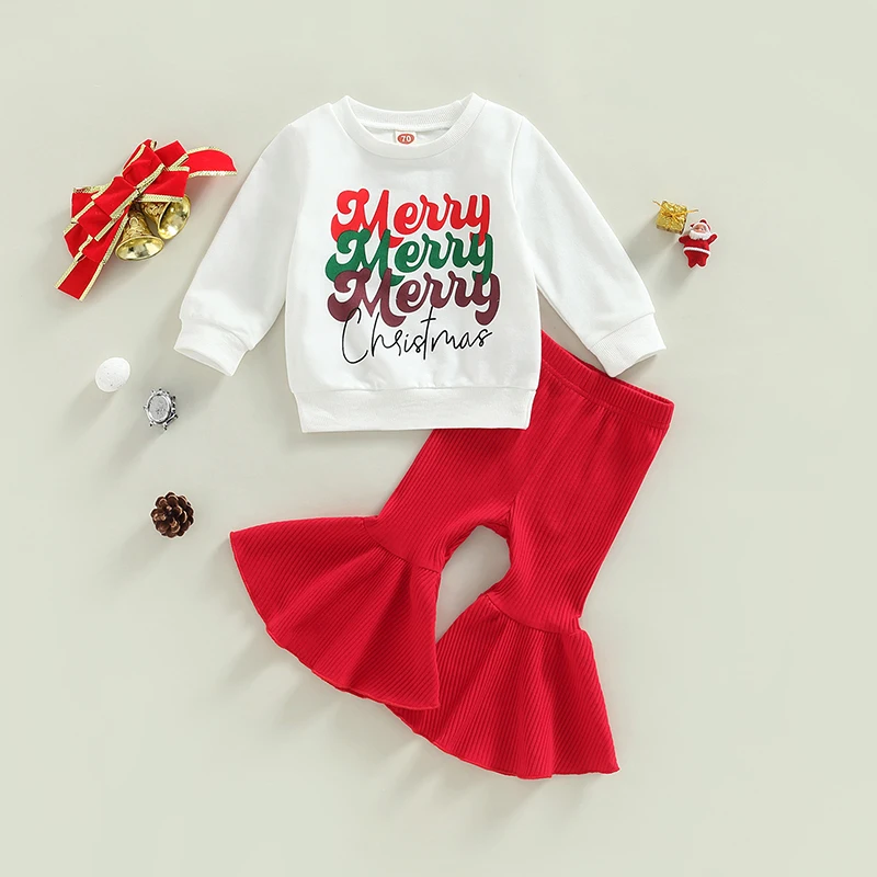 Купи Kids Clothes Girls Christmas Suits Letters Shirt + Casual Long Pants Bell-Bottoms Trousers Xmas Outfits Long Sleeve Clothing за 256 рублей в магазине AliExpress