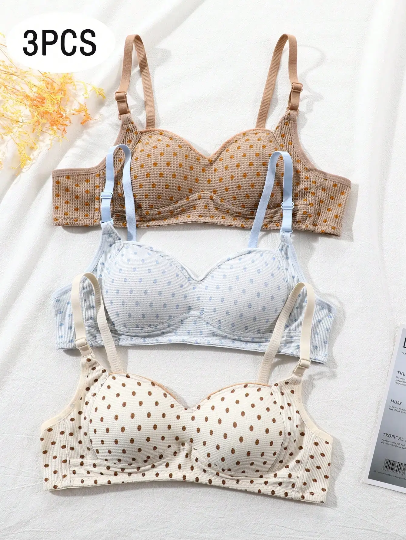 3 шт. тонкий бюстгальтер с принтом в горошек для девочек