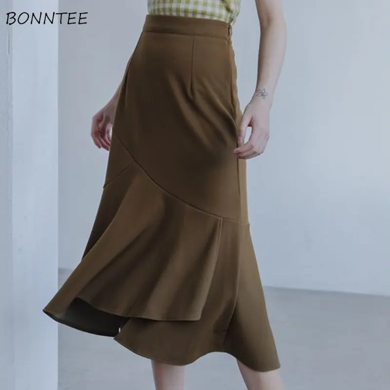 

A-line Skirts Women Temper Ruffles High Waisted Minimalist Aesthetics Korean Fashion Clothes Vintage Elegant Faldas Largas Chic