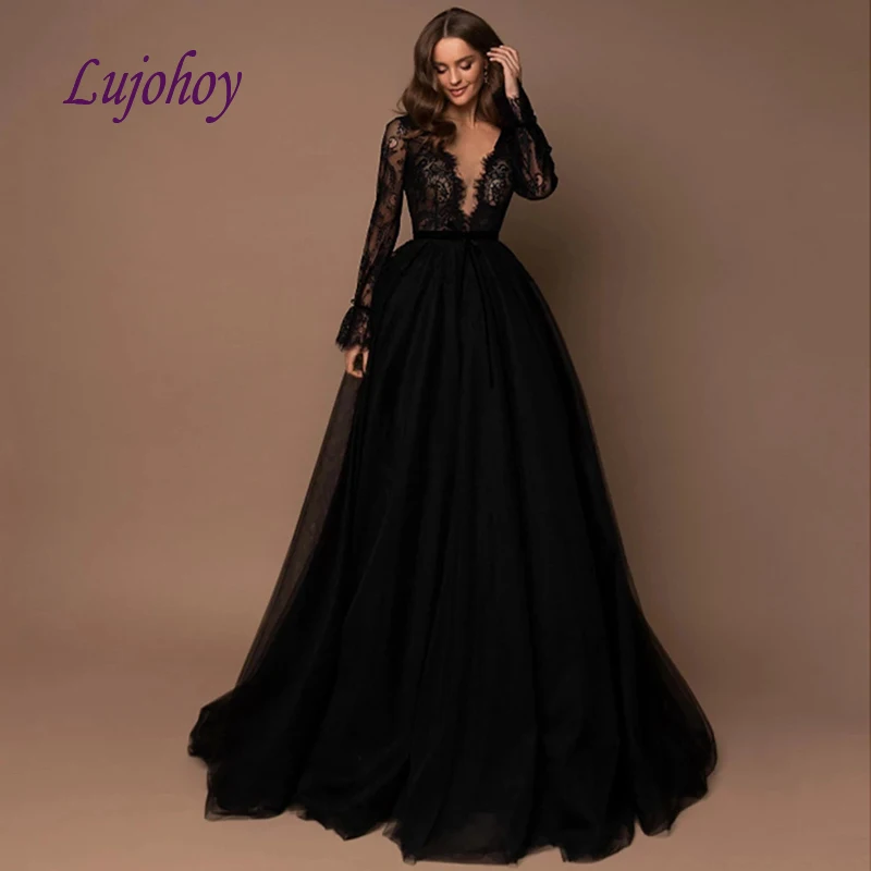 

Sexy Black Long Sleeve Lace Evening Dresses Women Party Plus Size Girl Dinner Celebrity A Line Prom Formal Gown