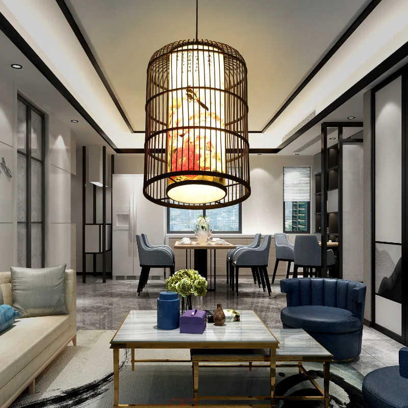 

Birdcage lantern chandelier new Chinese lamps hot pot shop lamp restaurant modern Chinese antique lamp bamboo lamp bamboo woven