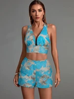jacquard plunge two piece set top and shorts women blue 2 pece set elegant sexy evening club party outfits summer 2022 fashion