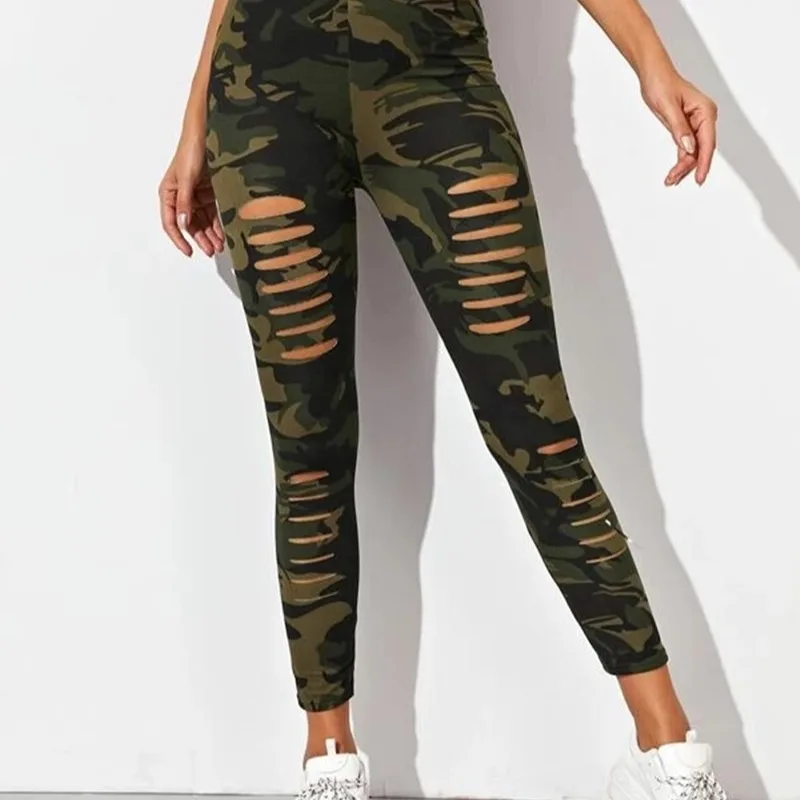 

Autumn Green Camouflage Printing Leggins Lady Sexy Hallow Out Legging Street Leg Holes Clothes Women Leggings Fall Slim Leggings