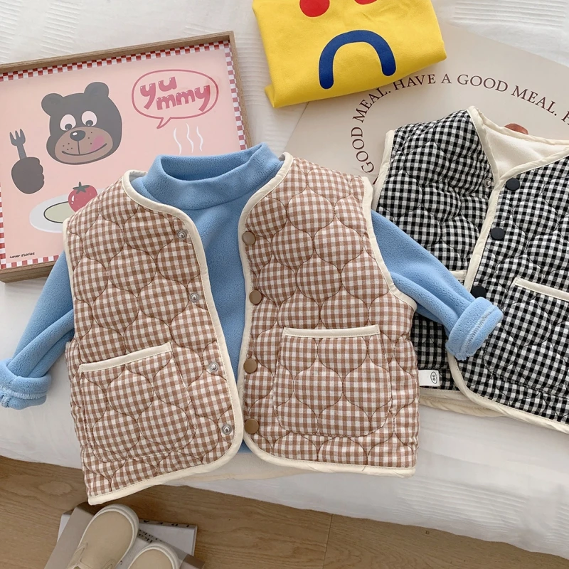 

Зимние темпераментные милые и милые клетчатые жилеты Baywell, повседневные теплые флисовые жилеты для мальчиков и девочек