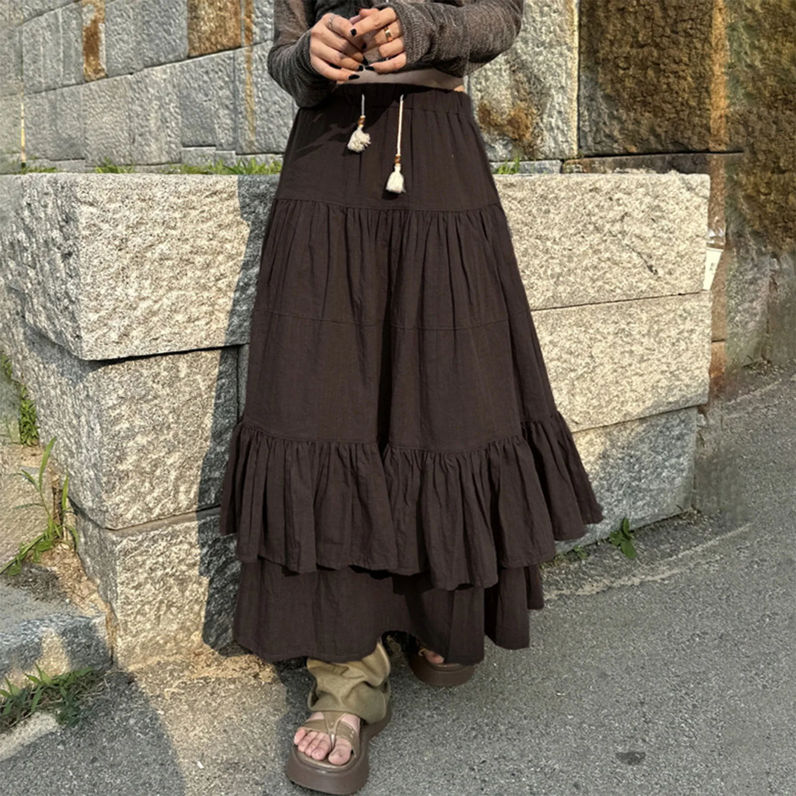 

Женская винтажная длинная юбка трапециевидной формы, Однотонная юбка с поясом на резинке, многоярусная Свободная юбка с рюшами, уличная одежда